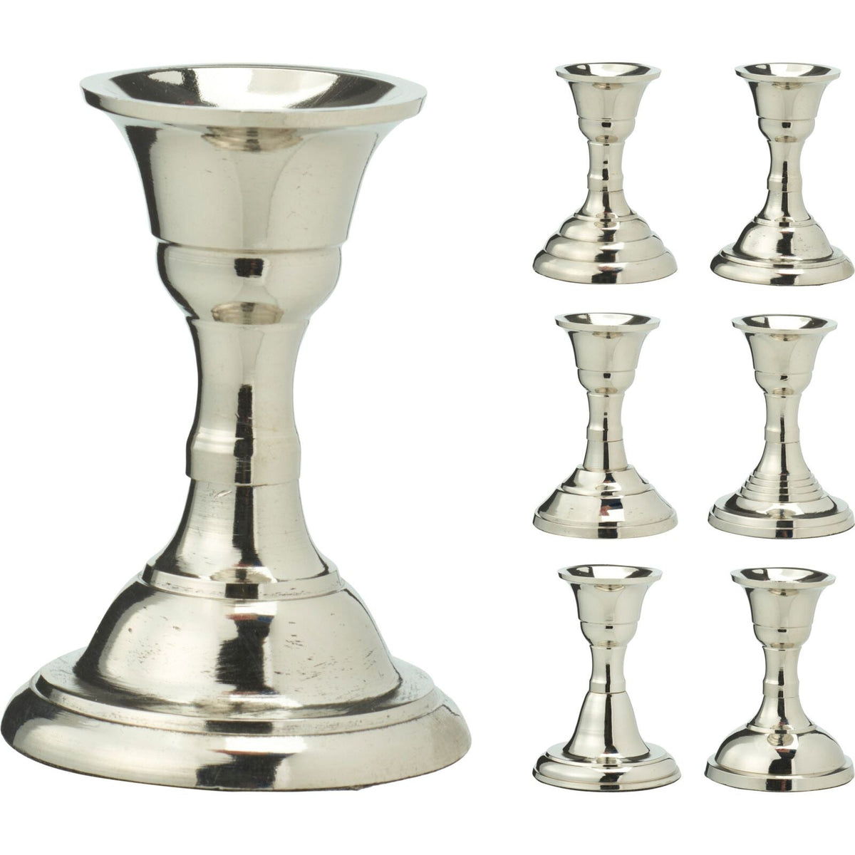 Silver Metal Candlestick | Silver Effect Short Candle Holder Stand - 8cm Candlestick - Tophatter Daily Deals