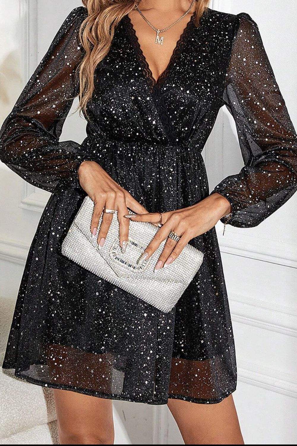 Glitter Surplice Long Sleeve Mini Dress Cocktail Dresses - Tophatter Daily Deals