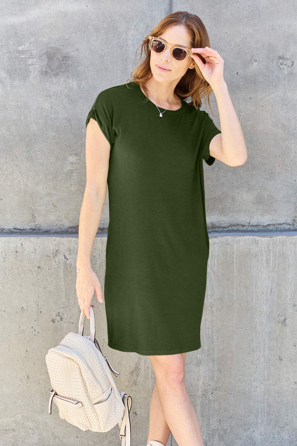 Basic Bae Full Size Round Neck Short Sleeve Dress with Pockets Matcha Green Casual Dresses - Tophatter Daily Deals