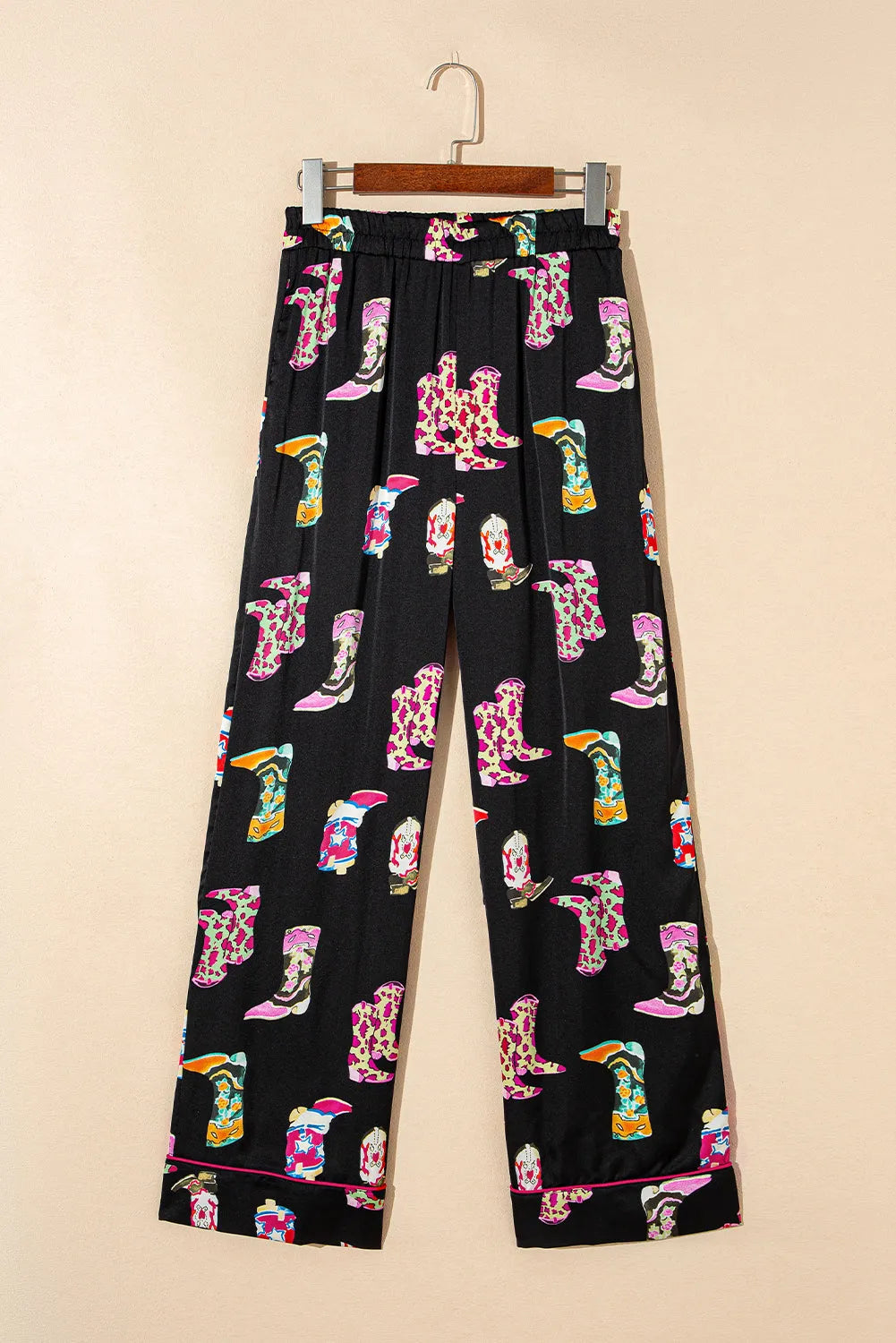 Black Western Cowgirl Boots Printed Satin Long Pajama Set Loungewear & Sleepwear/Sleepwear - Tophatter Daily Deals