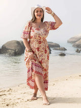 Plus Size Printed Square Neck Ruffle Hem Dress Floral Casual Dresses - Tophatter Daily Deals