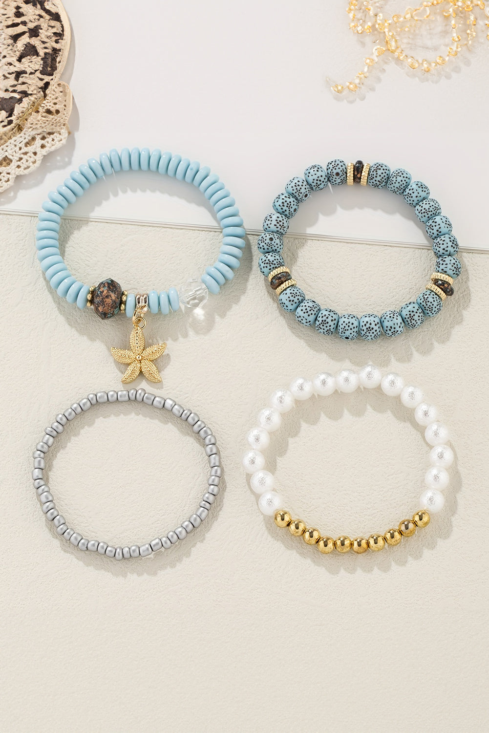 Light Blue 4pcs Starfish Pendant Beaded Bracelet Set Light Blue ONE SIZE Alloy Bracelets - Tophatter Daily Deals