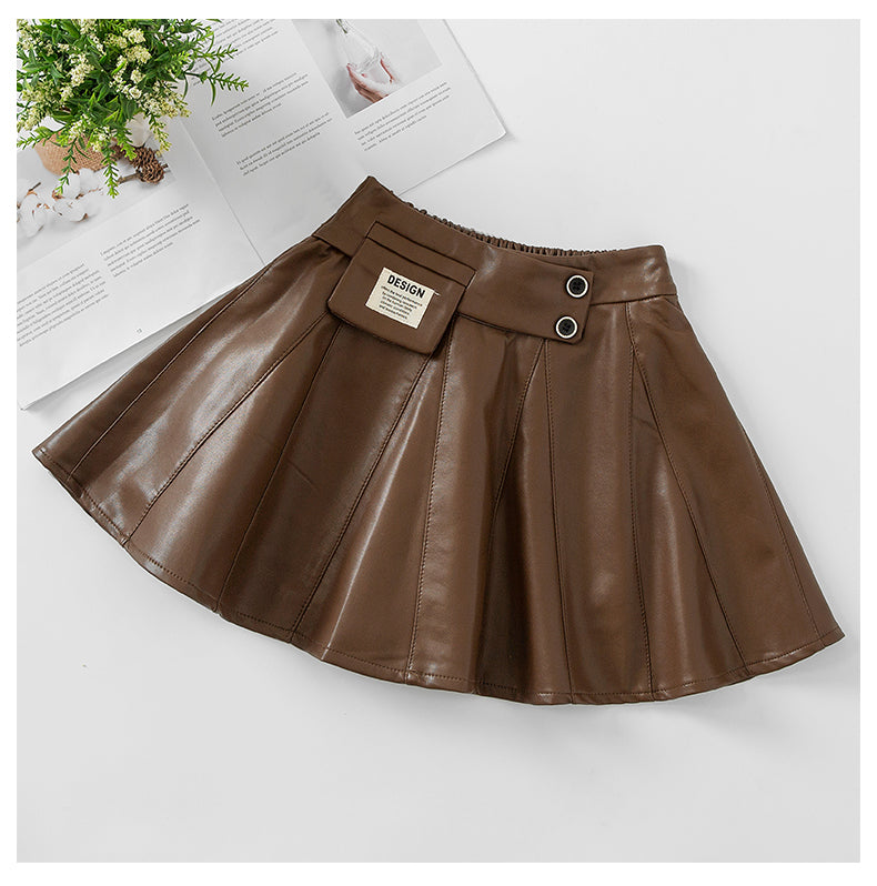 Autumn Winter New Style Children Foreign Style Korean Leather Skirt Brown 0 - Tophatter Daily Deals