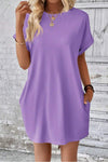 Pocketed Round Neck Short Sleeve Dress Lavender Casual Dresses - Tophatter Daily Deals