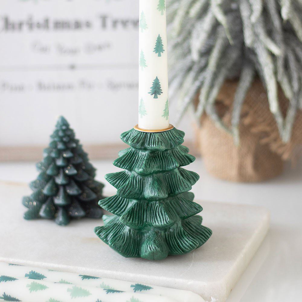 Green Fir Tree Candle Holder with Taper Candle | Festive Christmas Centrepiece Candle Holder - Tophatter Daily Deals