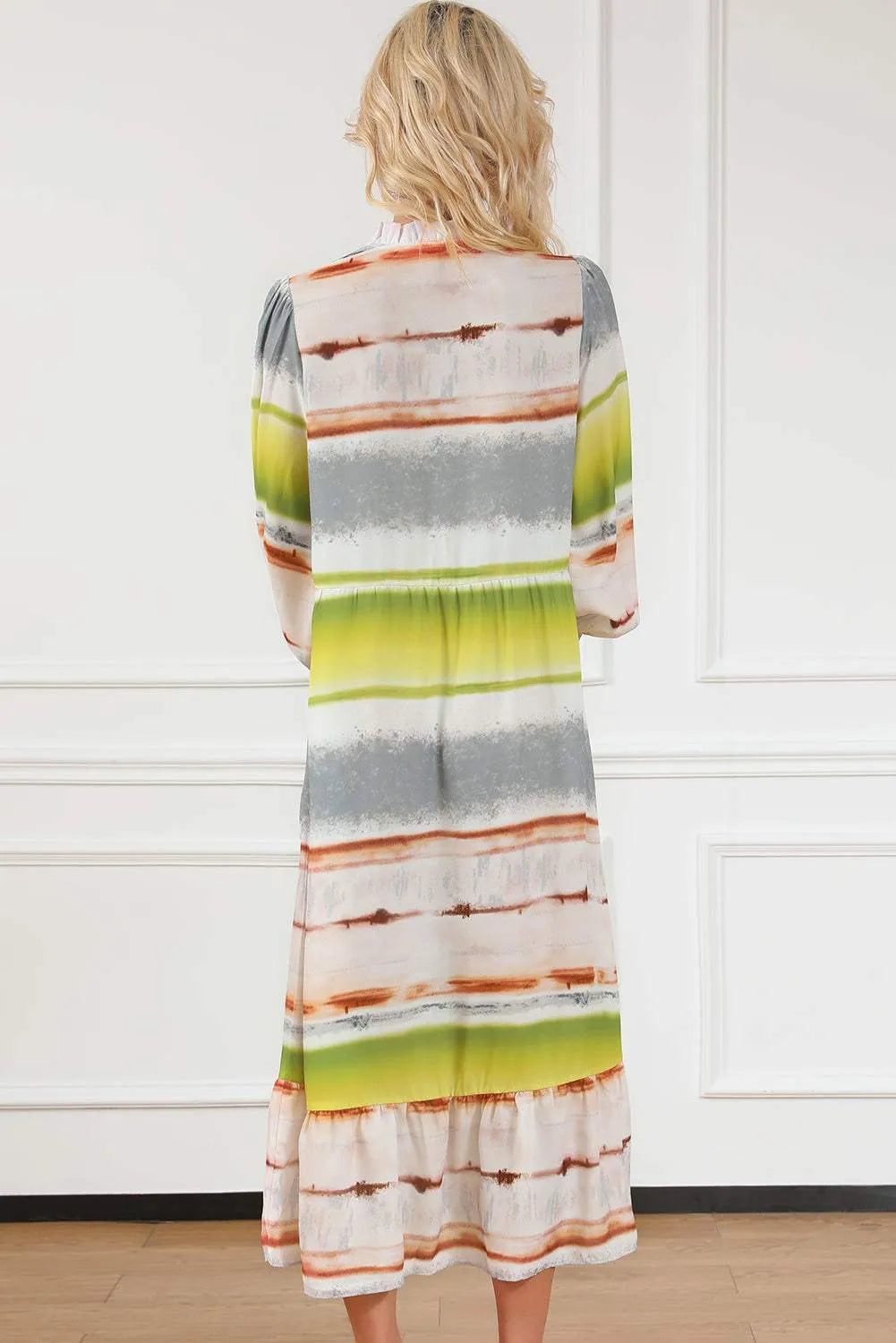 Striped Half Button Smocked Long Sleeve Ruffle Hem Dress Casual Dresses - Tophatter Daily Deals