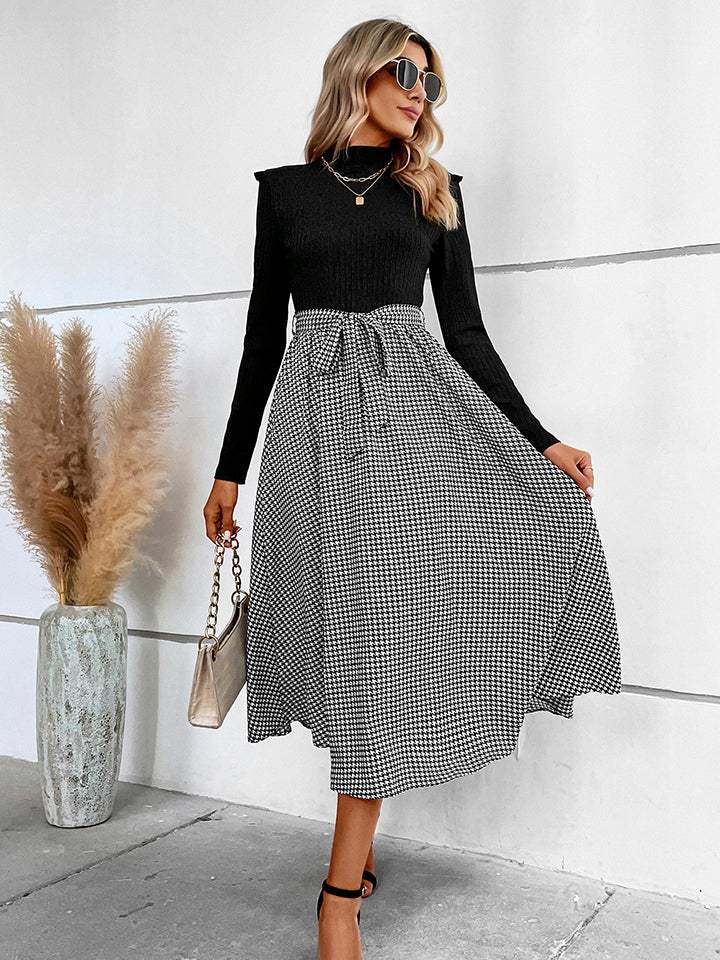 Ribbed Round Neck Long Sleeve Tie Waist Midi Dress Casual Dresses - Tophatter Daily Deals