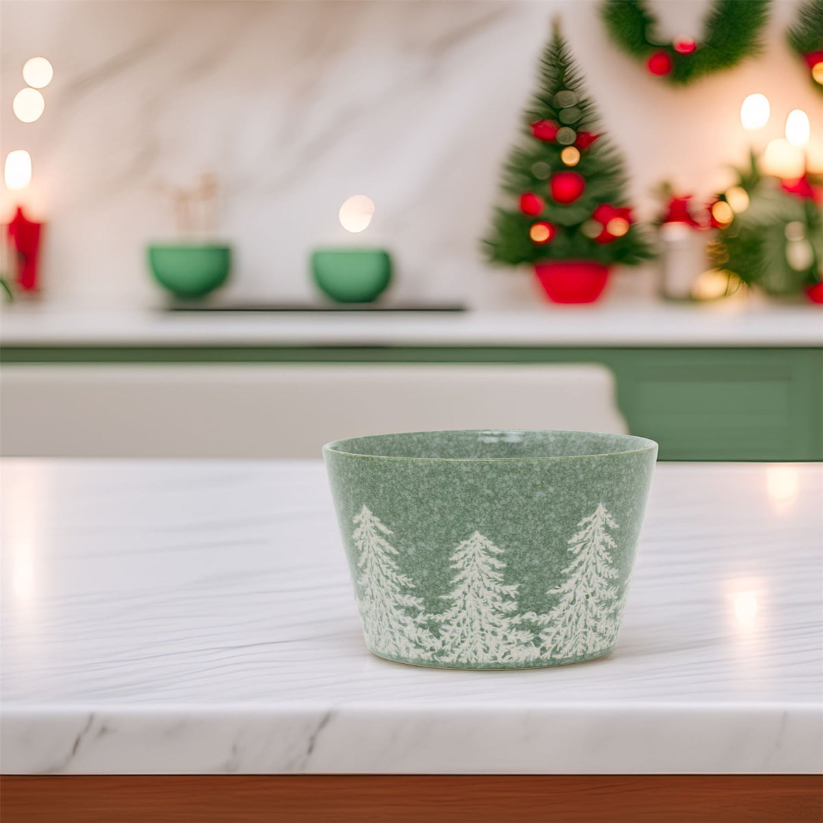Green Embossed Christmas Tree Bowl | Festive Reactive Glaze Stoneware Bowl Bowl - Tophatter Daily Deals