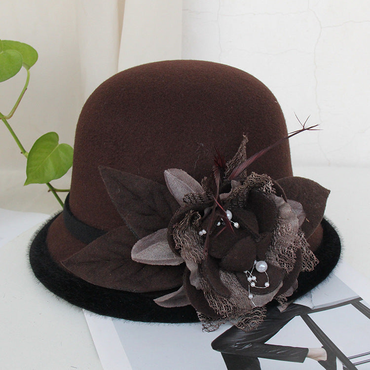 Black Brim Woolen British Feather Flower Top Hat Dark Brown Adjustable 0 - Tophatter Daily Deals