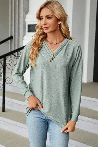 V-Neck Long Sleeve T-Shirt Gum Leaf Women's T-Shirts - Tophatter Daily Deals
