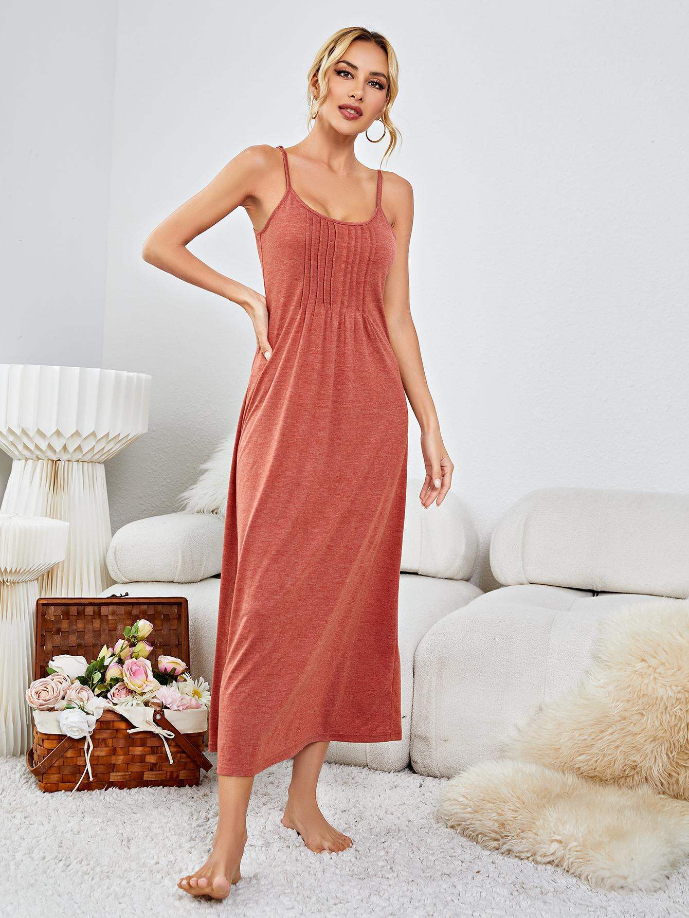 Scoop Neck Spaghetti Strap Night Dress Brick Sleep Dresses - Tophatter Daily Deals