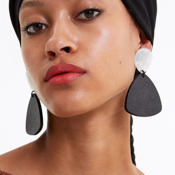 Wooden Triangular Exaggerated Earrings Beige Black EARRINGS - Tophatter Daily Deals