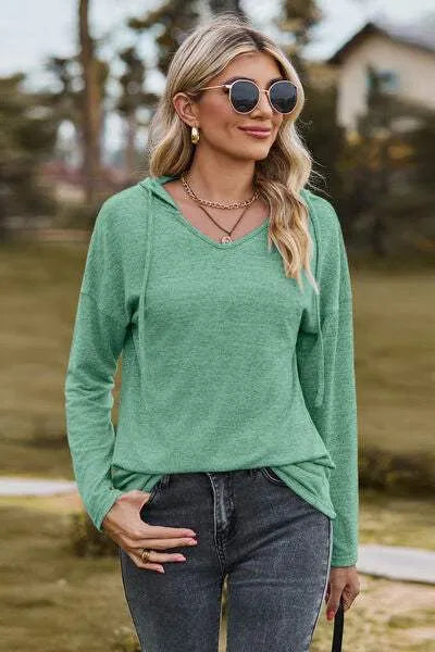 Drawstring Dropped Shoulder Hooded T-Shirt Mid Green Women's T-Shirts - Tophatter Daily Deals