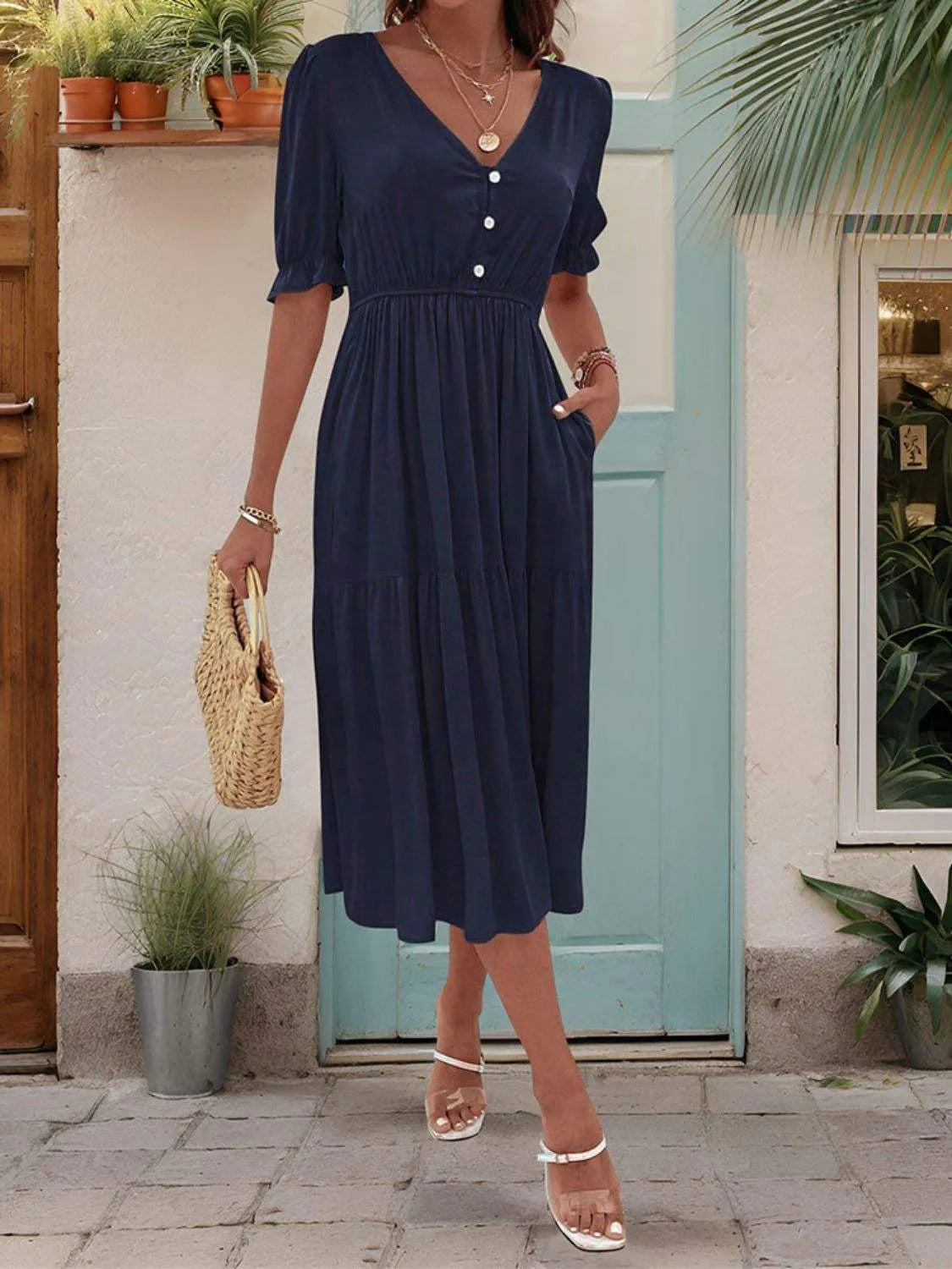 Ruched V-Neck Half Sleeve Midi Dress Casual Dresses - Tophatter Daily Deals