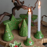 Set of 2 Green Ceramic Christmas Candlesticks | Holly and Berry Candle Holders Candle Holder - Tophatter Daily Deals