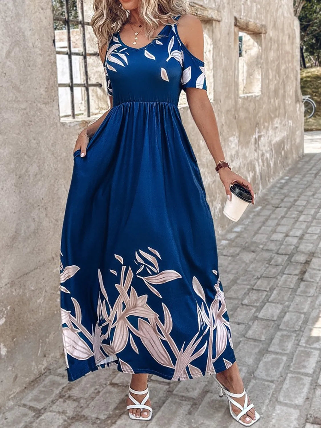 Printed Cold Shoulder Short Sleeve Maxi Dress Casual Dresses - Tophatter Daily Deals