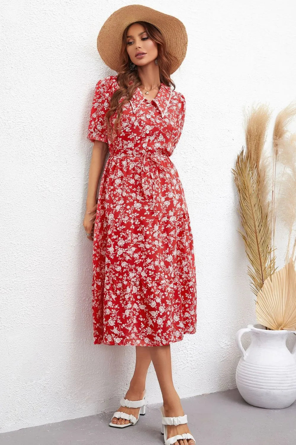 Floral Tie Waist Puff Sleeve Midi Dress Casual Dresses - Tophatter Daily Deals