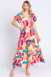 GeeGee Full Size Printed Smocked Back Tiered Maxi Dress Fuchsia Orange Casual Dresses - Tophatter Daily Deals