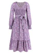 Smocked V-Neck Tie Belt Dress Casual Dresses - Tophatter Daily Deals