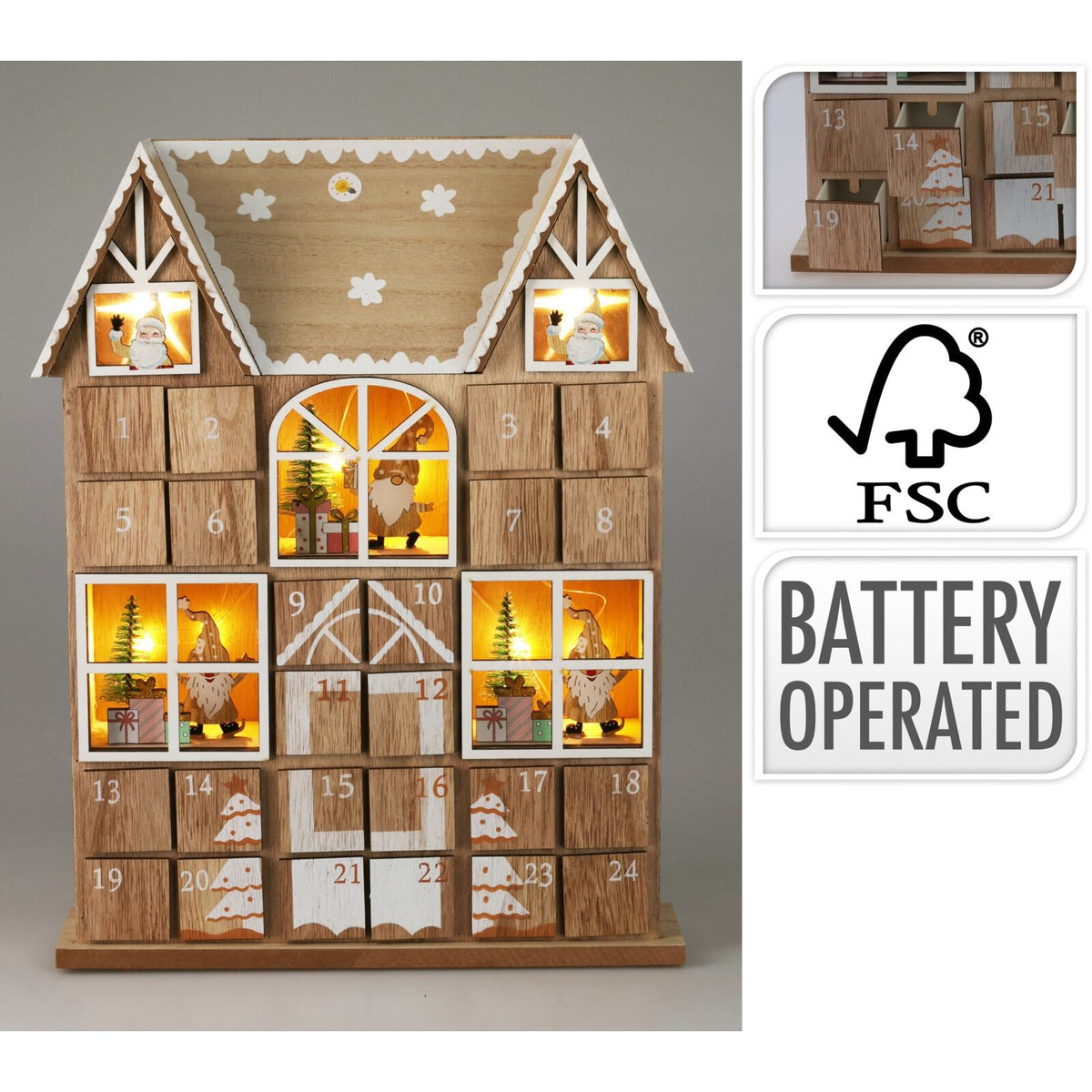 Wooden House Advent Calendar with 24 Drawers and LED Lights | Christmas Calendar Advent Calendar - Tophatter Daily Deals