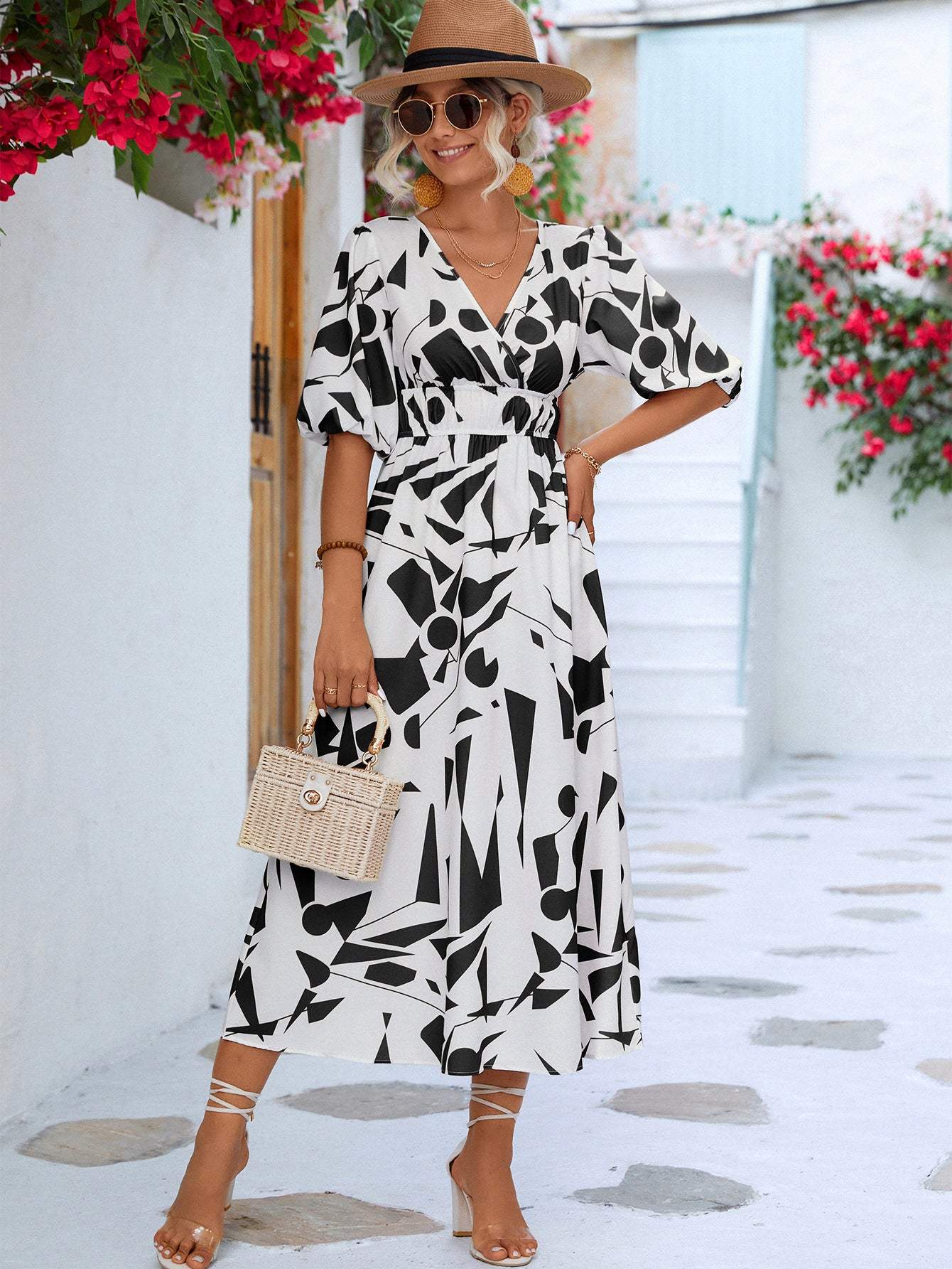 Printed Surplice Balloon Sleeve Dress White Black Casual Dresses - Tophatter Daily Deals