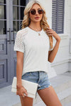 Openwork Round Neck Short Sleeve T-Shirt White Women's T-Shirts - Tophatter Daily Deals