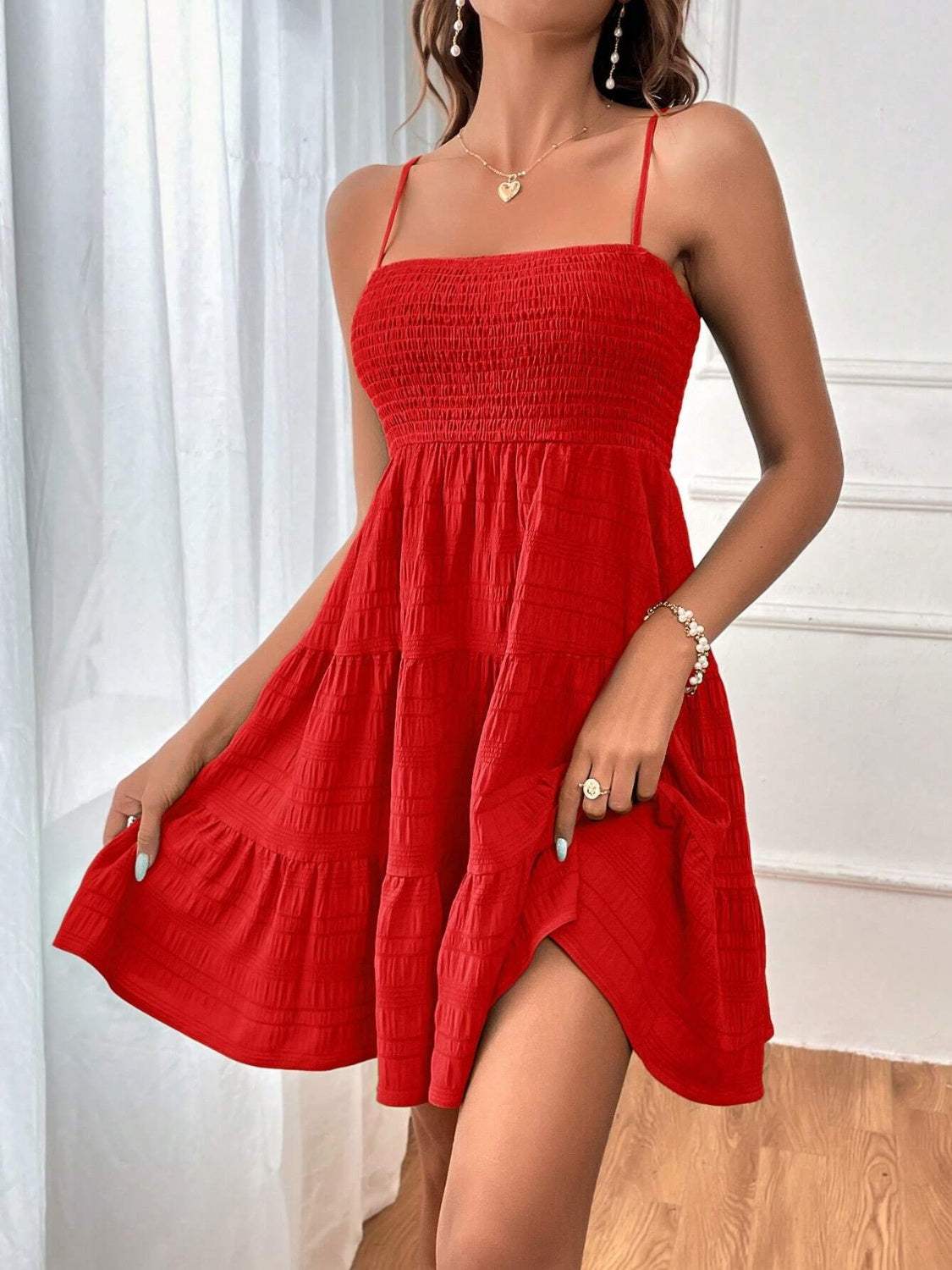 Smocked Tiered Sleeveless Mini Dress Casual Dresses - Tophatter Daily Deals