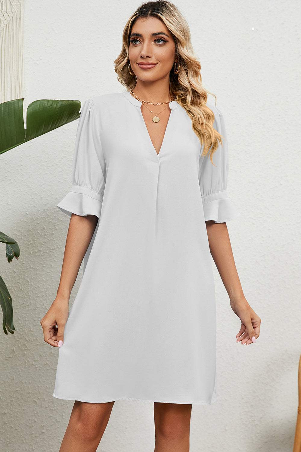 Notched Flounce Sleeve Mini Dress White Casual Dresses - Tophatter Daily Deals