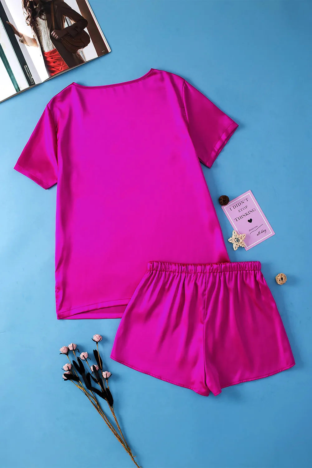 Bright Pink Satin V Neck Tee and Drawstring Shorts Set Loungewear & Sleepwear/Sleepwear - Tophatter Daily Deals