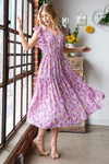 Reborn J Printed V-Neck Ruffled Midi Dress Lavender Casual Dresses - Tophatter Daily Deals