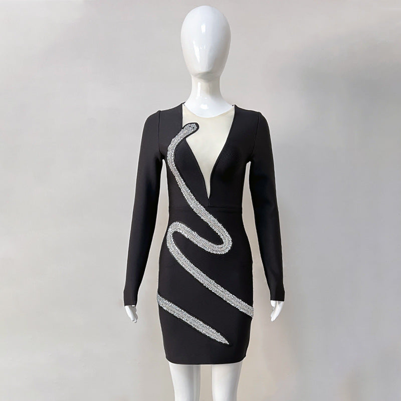Black Diamond-encrusted Long-sleeved Slim Girl Bandage Skirt Dress 0 - Tophatter Daily Deals