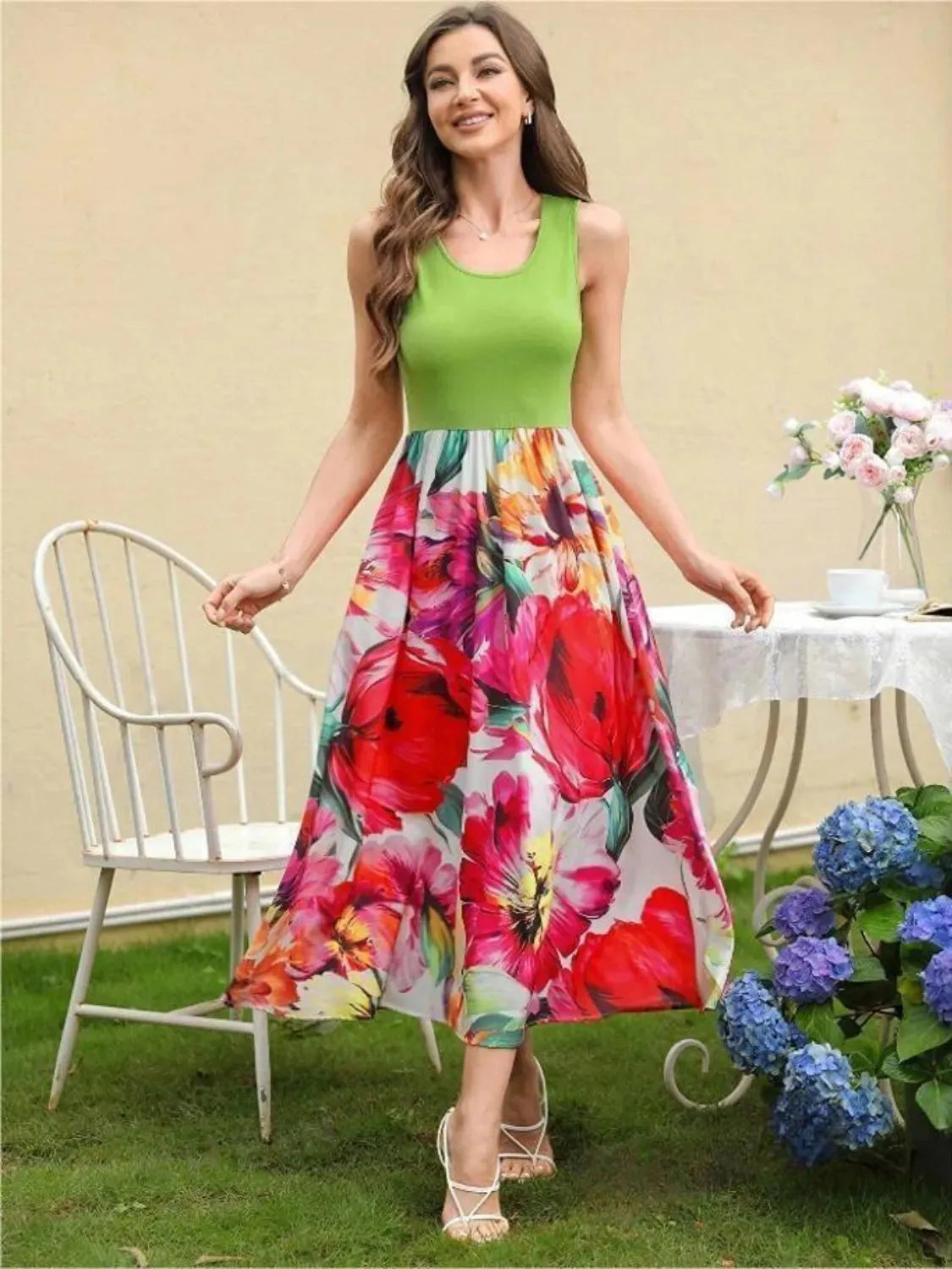 Printed Round Neck Sleeveless Dress Casual Dresses - Tophatter Daily Deals