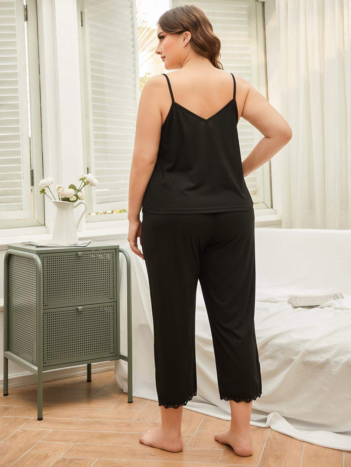 Plus Size Lace Trim Slit Cami and Pants Pajama Set Loungewear Sets - Tophatter Daily Deals