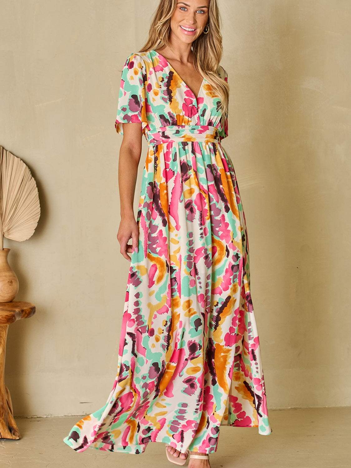 Slit Printed Surplice Short Sleeve Maxi Dress Casual Dresses - Tophatter Daily Deals