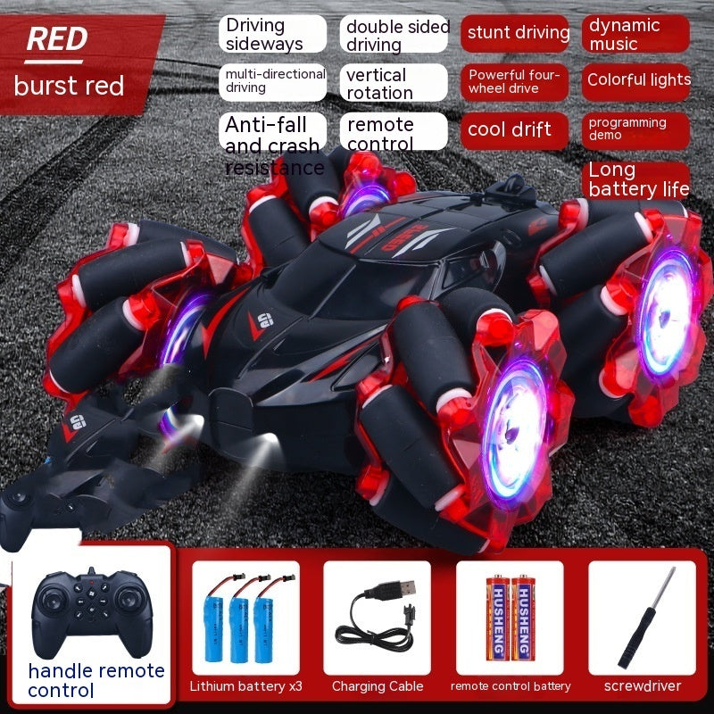 24G High-speed Wireless Remote Control Car Light Music Four-wheel Drive Double-sided Driving Flip Rotating Drift Car Stunt Car Red Single remote control 3PC Battery 0 - Tophatter Daily Deals