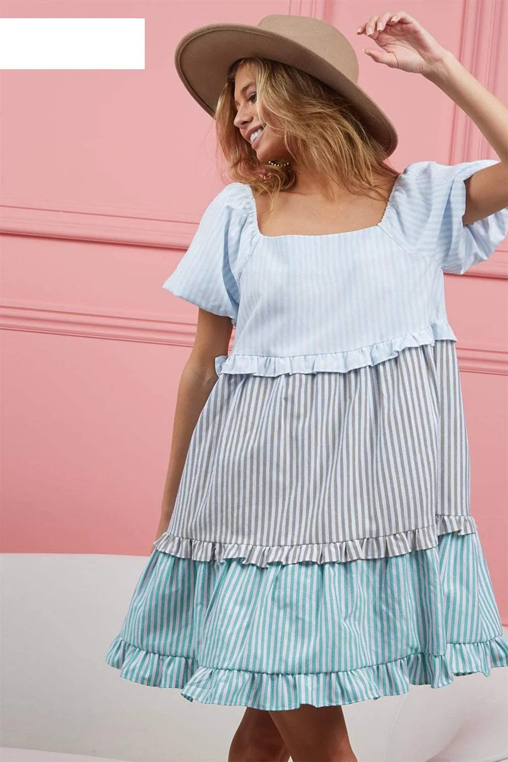 BiBi Striped Ruffle Tiered Mini Dress Blue Grey Jade Casual Dresses - Tophatter Daily Deals