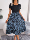 Printed Round Neck Ruffle Hem Dress Dusty Blue Casual Dresses - Tophatter Daily Deals