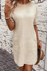 Lace Detail Round Neck Short Sleeve Mini Dress Casual Dresses - Tophatter Daily Deals