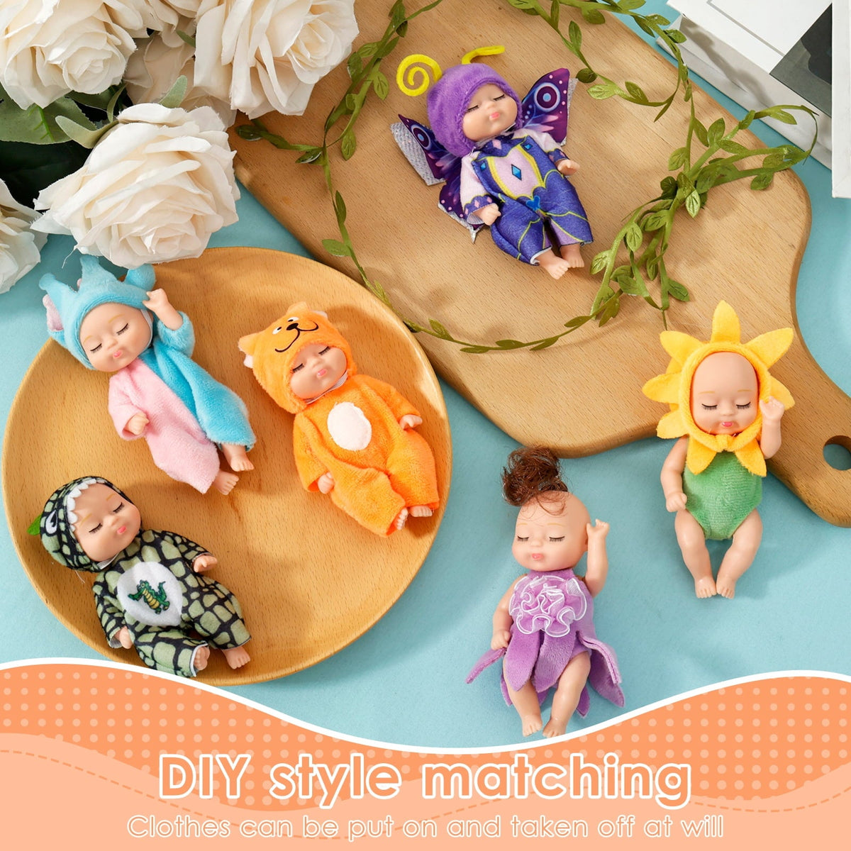 6-Piece Mini Baby Doll Set with Butterfly and Flower Outfits, 4 Inch Doll - Tophatter Daily Deals