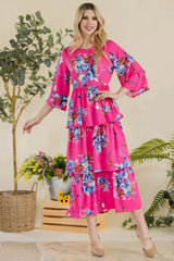Celeste Full Size Floral Ruffle Tiered Midi Dress Casual Dresses - Tophatter Daily Deals