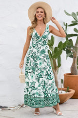 Printed V-Neck Wide Strap Dress Green Casual Dresses - Tophatter Daily Deals