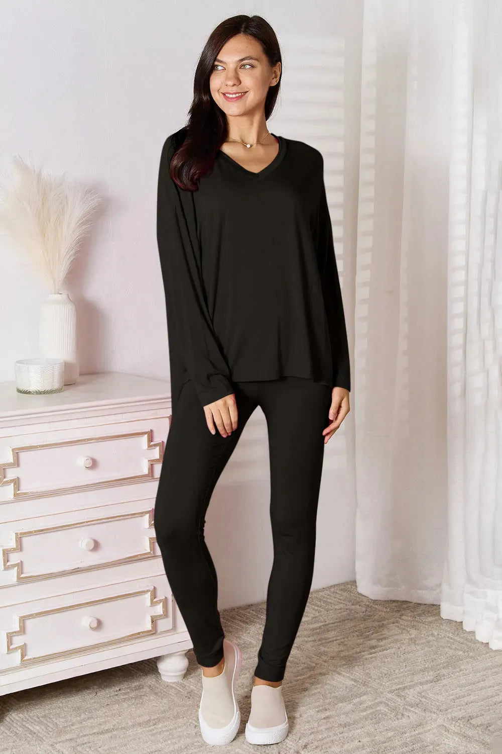 Basic Bae Full Size V-Neck Soft Rayon Long Sleeve Top and Pants Lounge Set Black Loungewear Sets - Tophatter Daily Deals