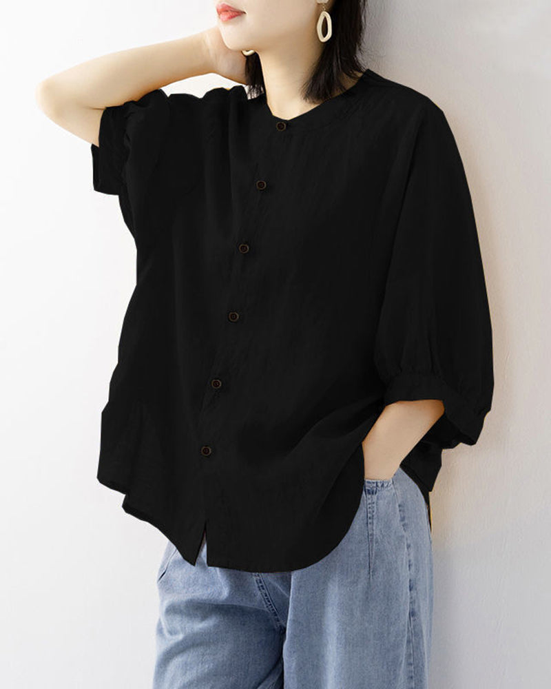Lantern Sleeve Retro Loose Shirt Black Blouses & Shirts - Tophatter Daily Deals