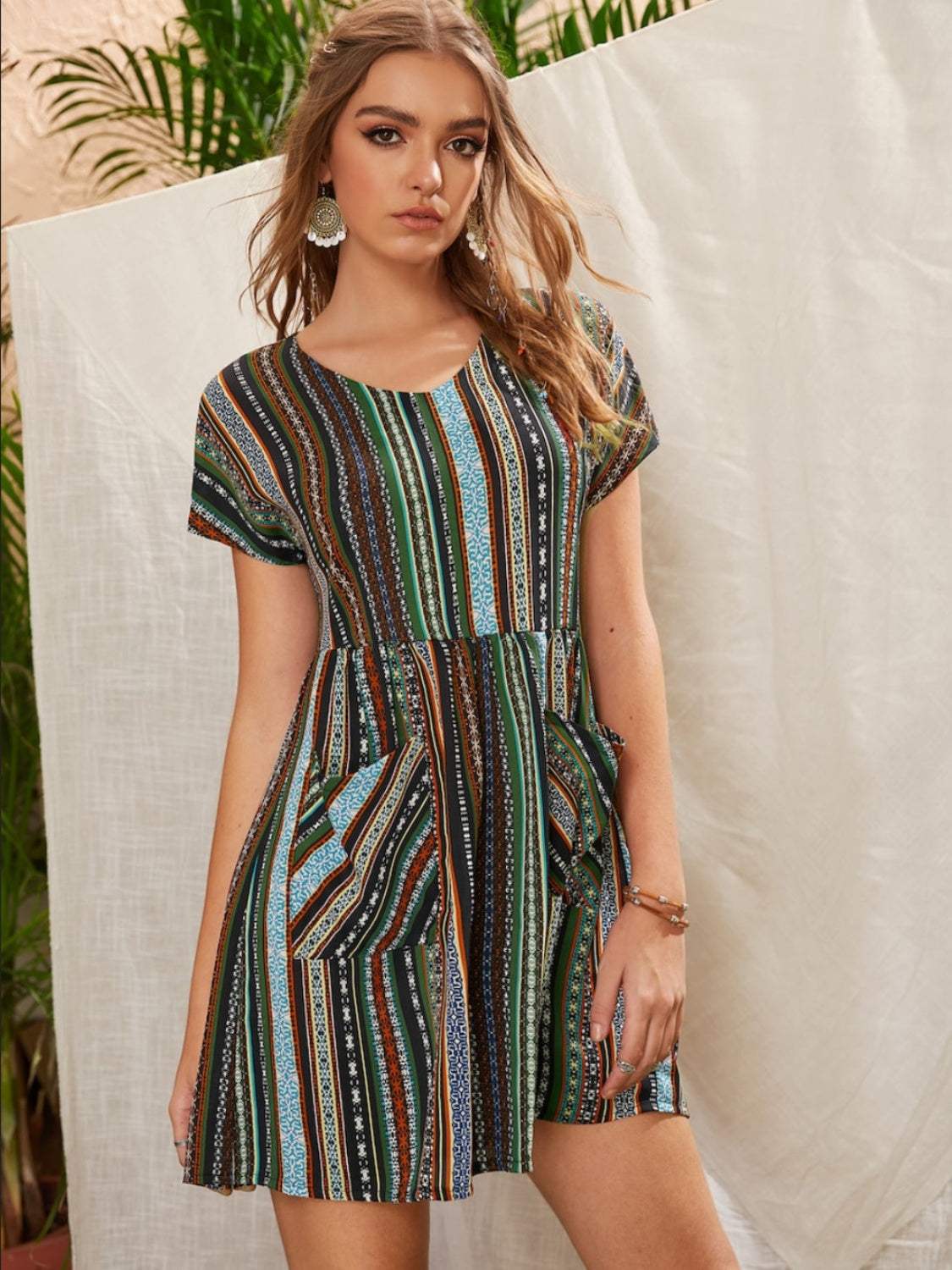 Pocketed Striped Short Sleeve Dress Casual Dresses - Tophatter Daily Deals