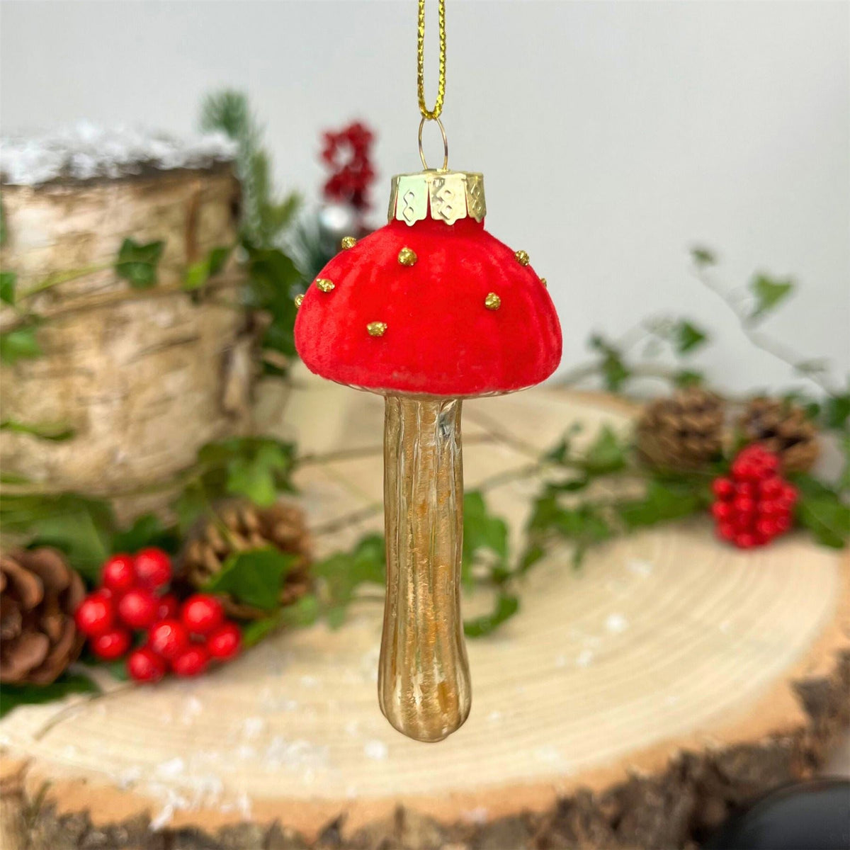 Red & Gold Toadstool Christmas Bauble | Glass Mushroom Tree Ornament - 9cm Baubles - Tophatter Daily Deals