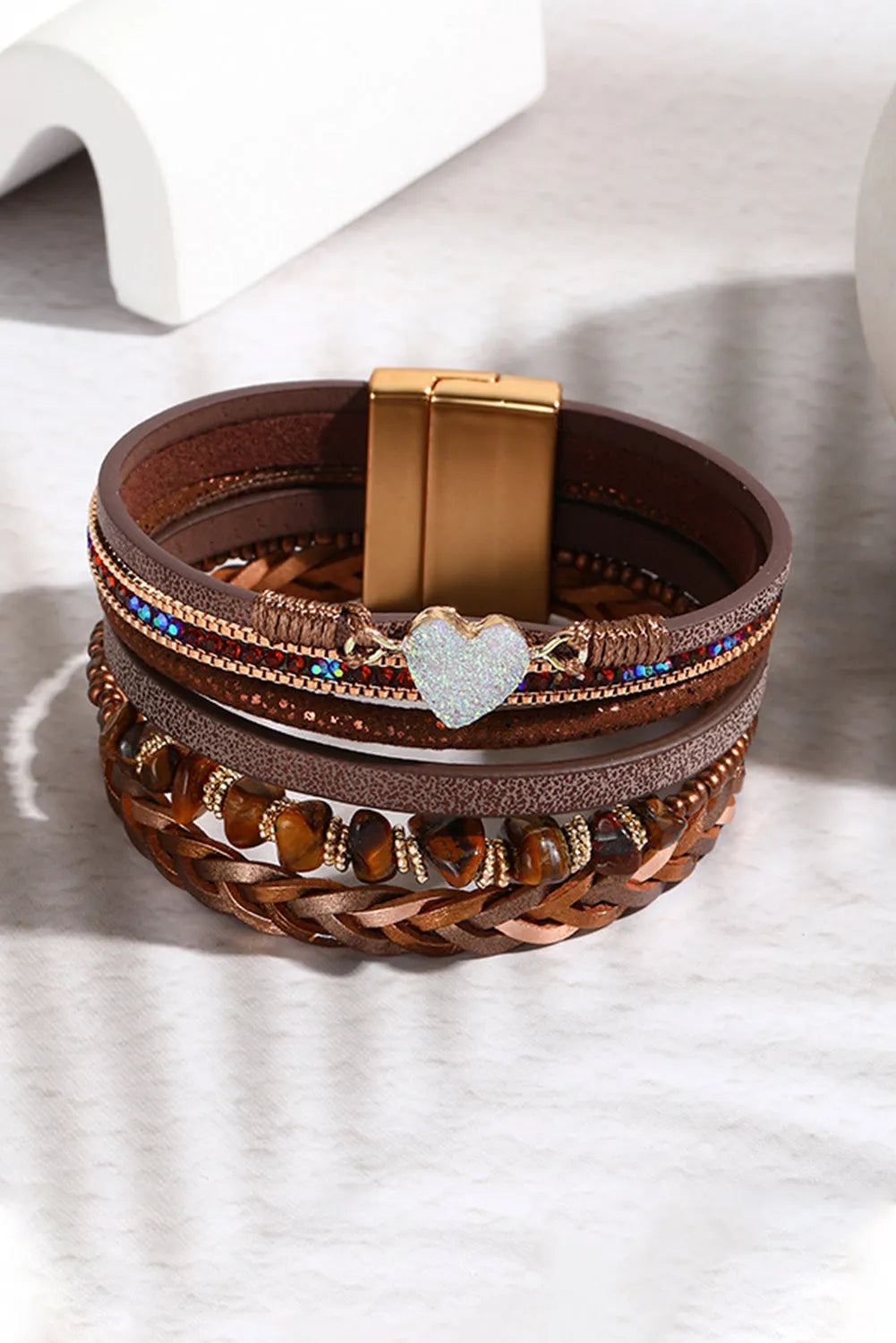 Brown Glittering Heart Accent Multi-layer Vintage PU Bracelet Bracelets - Tophatter Daily Deals
