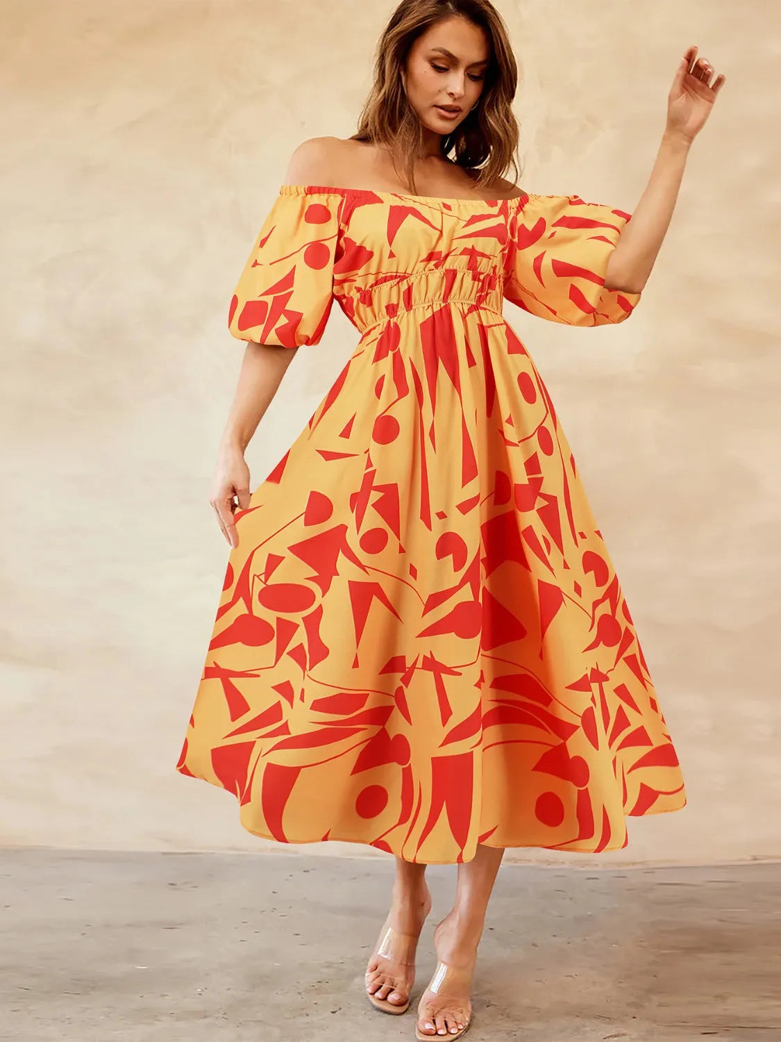 Printed Off-Shoulder Balloon Sleeve Dress Casual Dresses - Tophatter Daily Deals