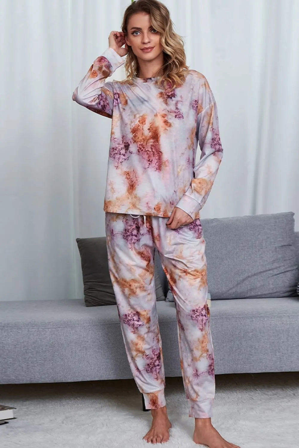 Tie-Dye Crewneck Top and Drawstring Waist Joggers Lounge Set Lavender Loungewear Sets - Tophatter Daily Deals