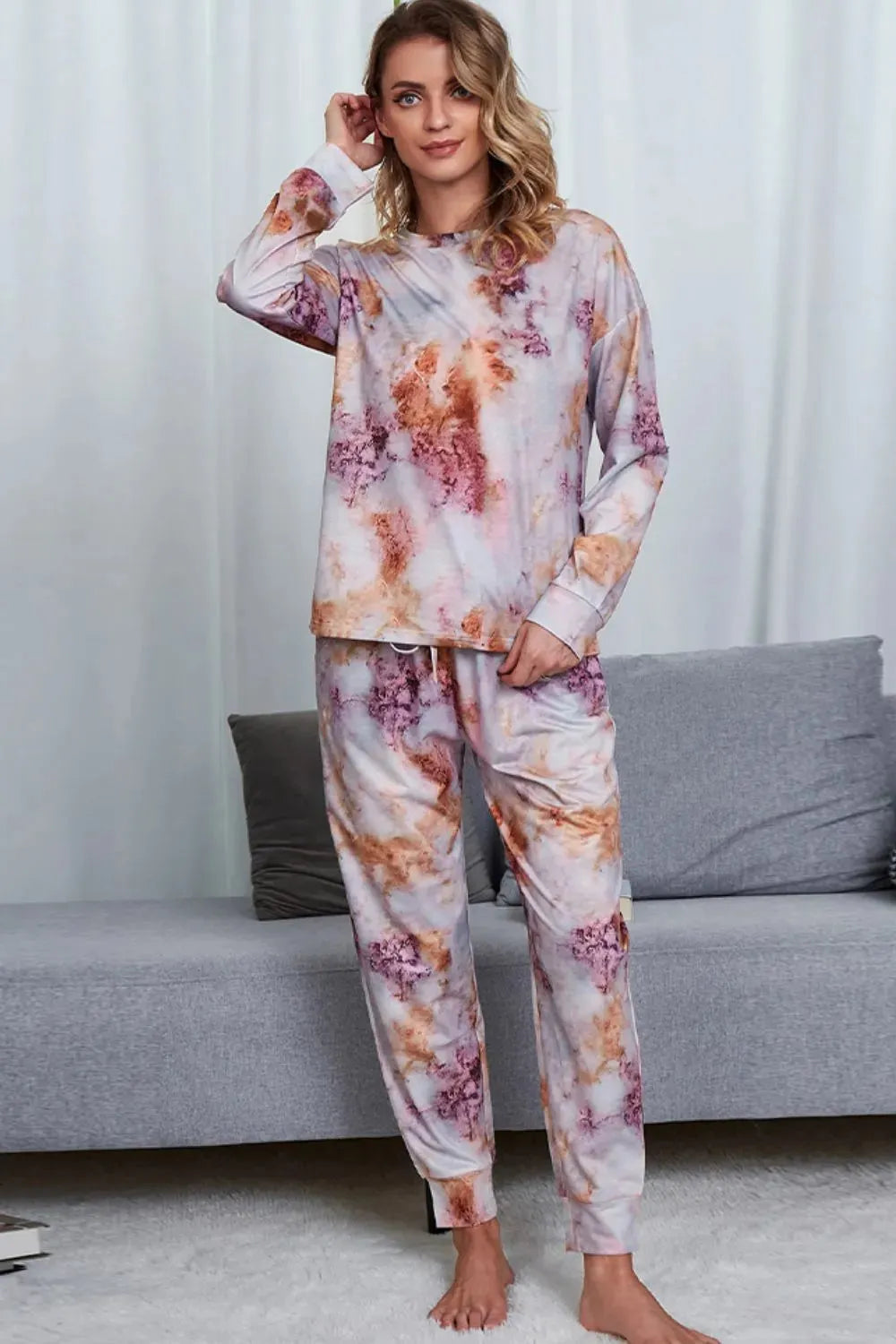 Tie-Dye Crewneck Top and Drawstring Waist Joggers Lounge Set Lavender Loungewear Sets - Tophatter Daily Deals