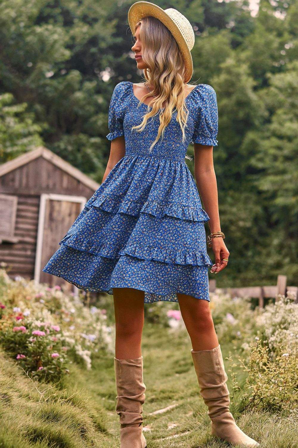 Smocked Sweetheart Neck Flounce Sleeve Mini Dress Casual Dresses - Tophatter Daily Deals